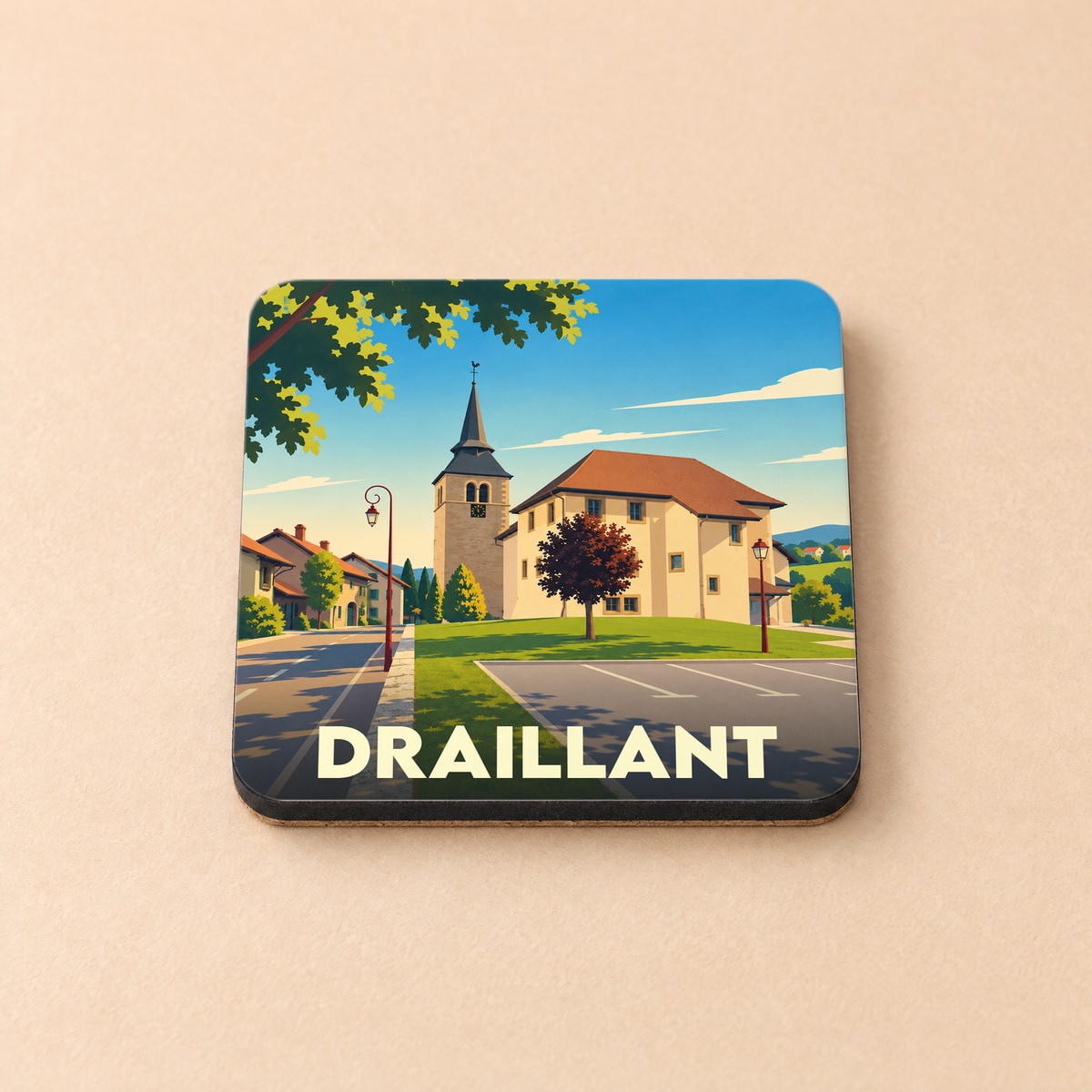 Dessous de verre souvenir de la ville de Draillant avec une illustration stylisée d'un village pittoresque.