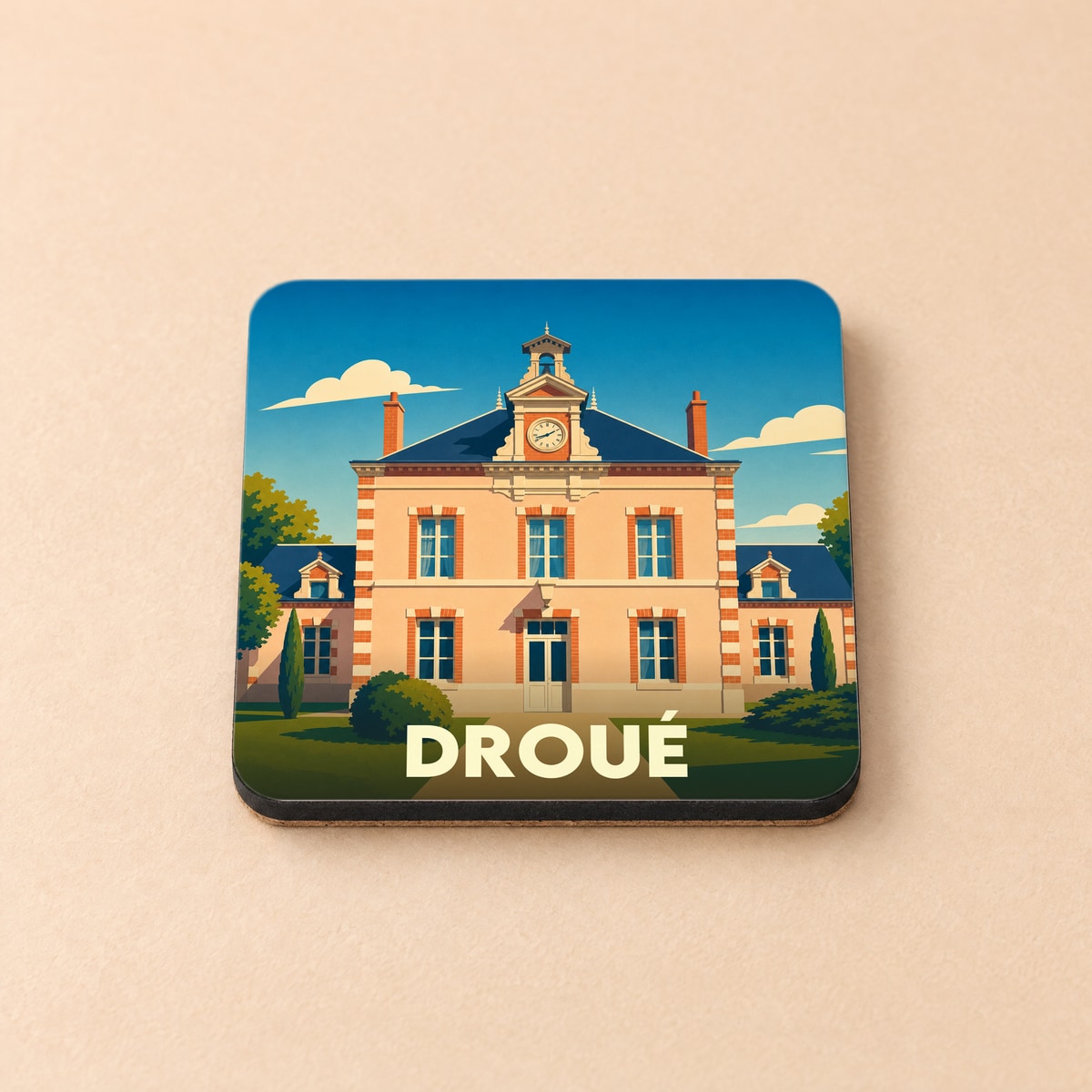 Dessous de verre souvenir de la ville de Droué avec une illustration stylisée de sa mairie.