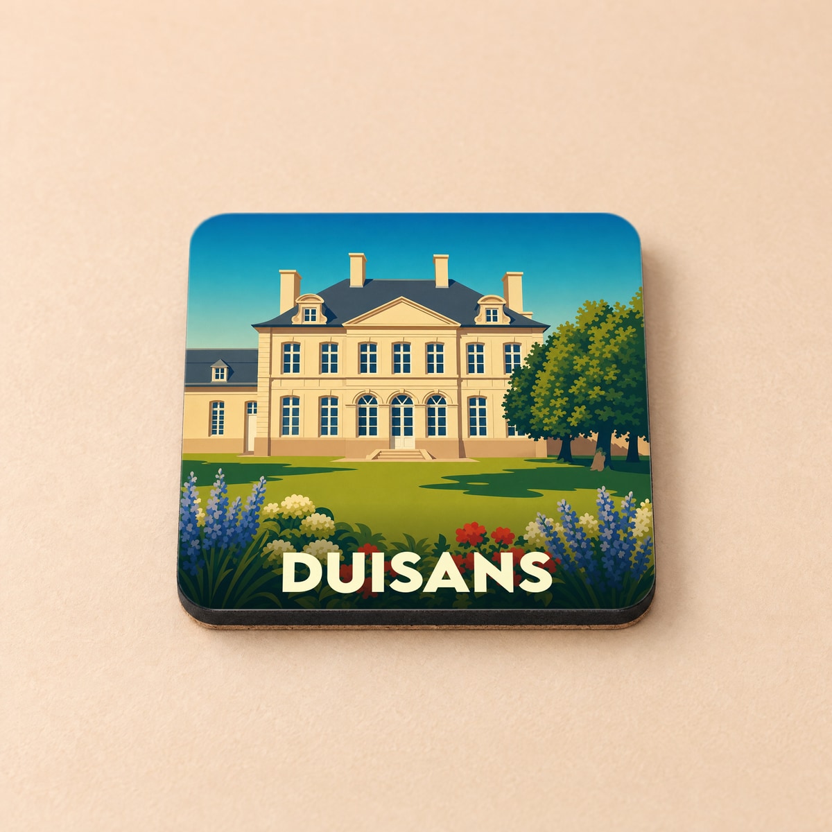 Dessous de verre souvenir de la ville de Duisans avec une illustration stylisée d'un château entouré d'un jardin fleuri.