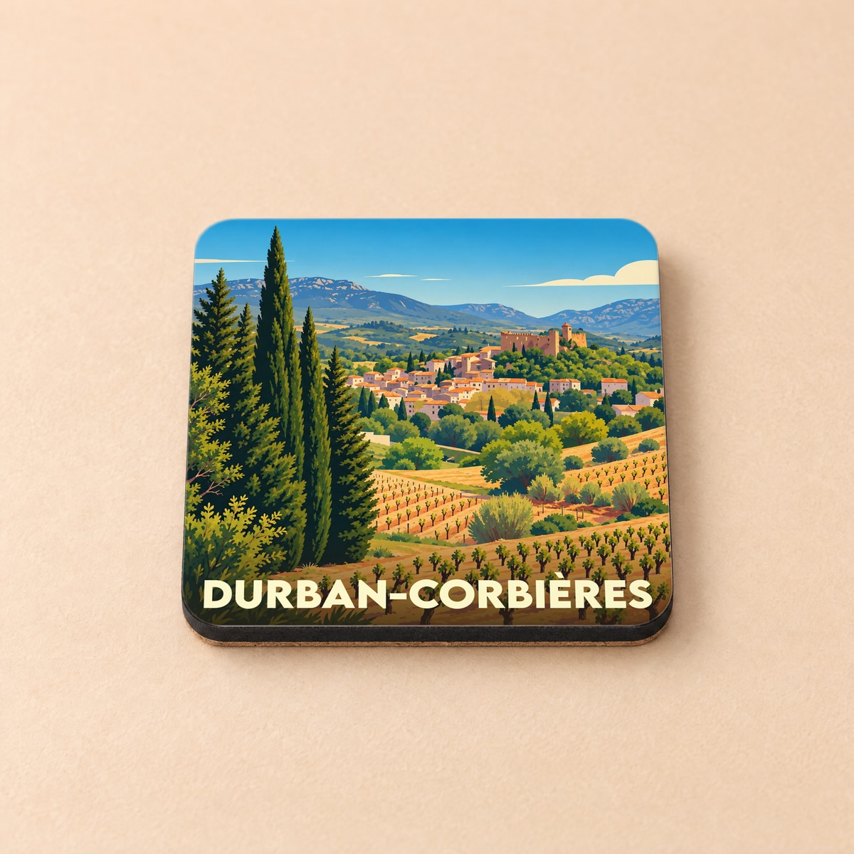 Dessous de verre souvenir de Durban-Corbières avec une illustration stylisée d'un paysage de vignobles et de son château.