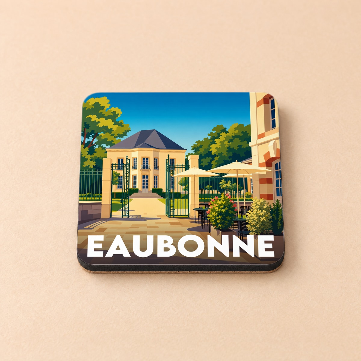 Dessous de verre souvenir de la ville de Eaubonne avec une illustration stylisée.