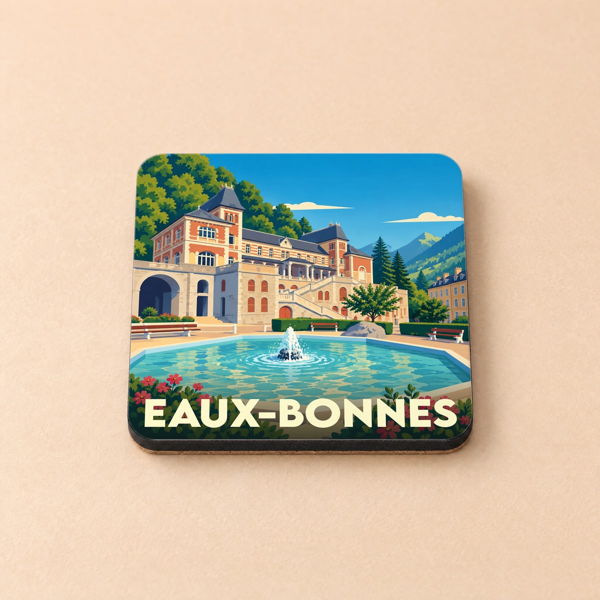 Dessous de verre souvenir de la ville de Eaux-Bonnes avec une illustration stylisée.
