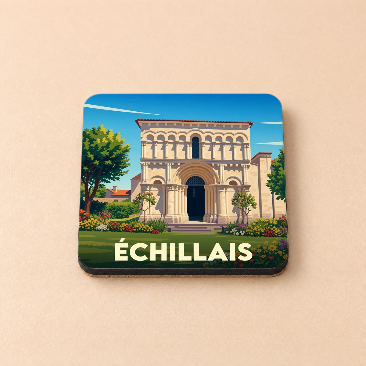 Dessous de verre souvenir de la ville d'Échillais illustrant son église romane dans un style graphique épuré.