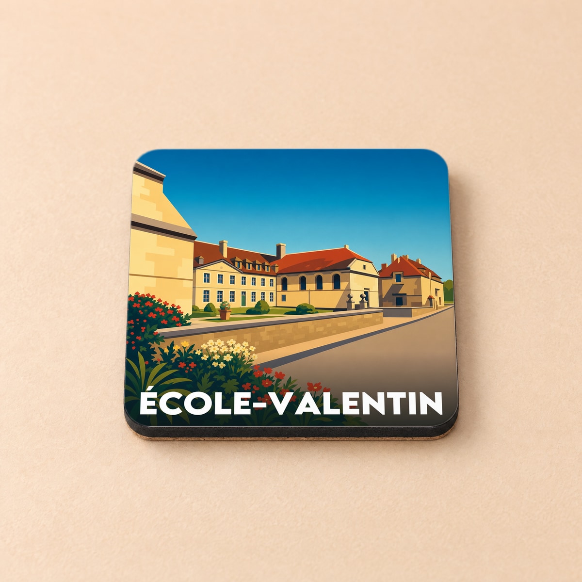 Dessous de verre souvenir de la ville de École-Valentin avec une illustration stylisée.