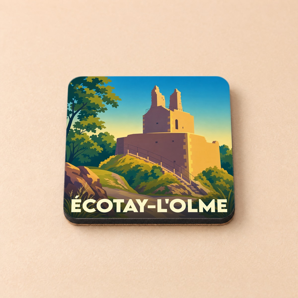 Dessous de verre souvenir de la ville d'Écotay-l'Olme avec une illustration stylisée d'un château en ruines.