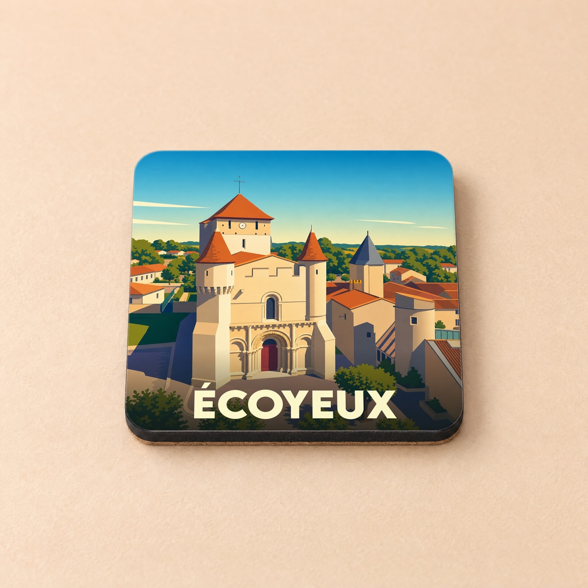 Dessous de verre souvenir de la ville de Écoyeux avec une illustration stylisée de son église fortifiée.