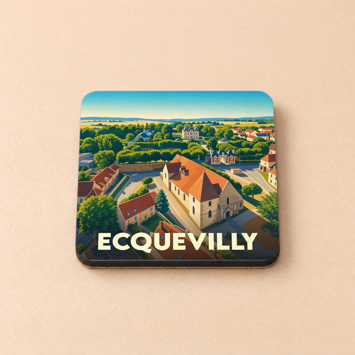 Dessous de verre souvenir de la ville de Ecquevilly illustré d'une vue aérienne stylisée du village.