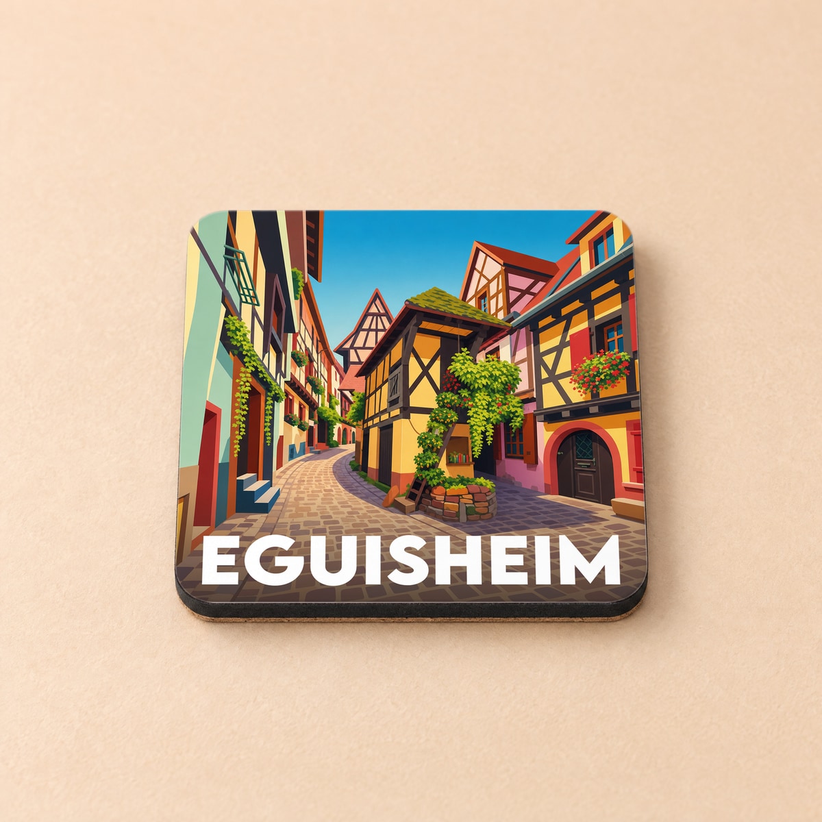 Dessous de verre souvenir de la ville d'Eguisheim avec une illustration colorée de ses maisons à colombages.