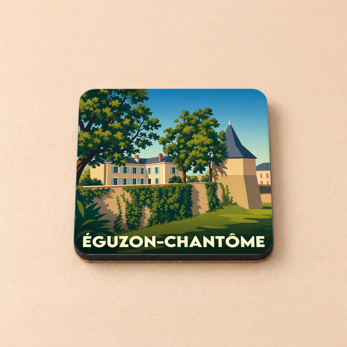 Dessous de verre souvenir de la ville d'Éguzon-Chantôme avec une illustration stylisée d'un château.