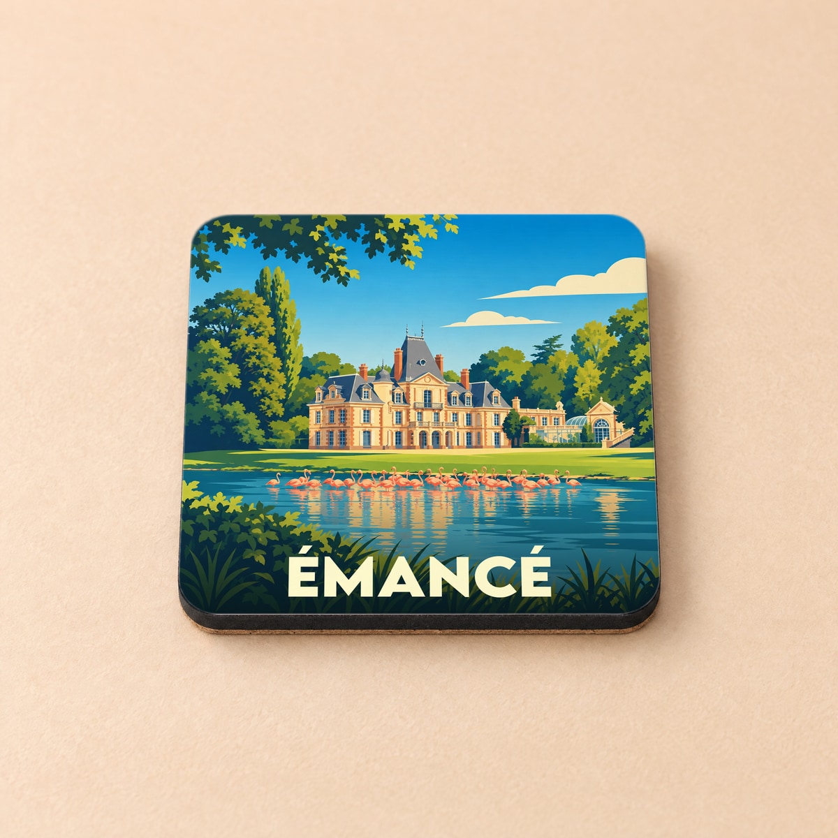 Dessous de verre souvenir de la ville de Émancé avec une illustration stylisée d'un château et de flamants roses.