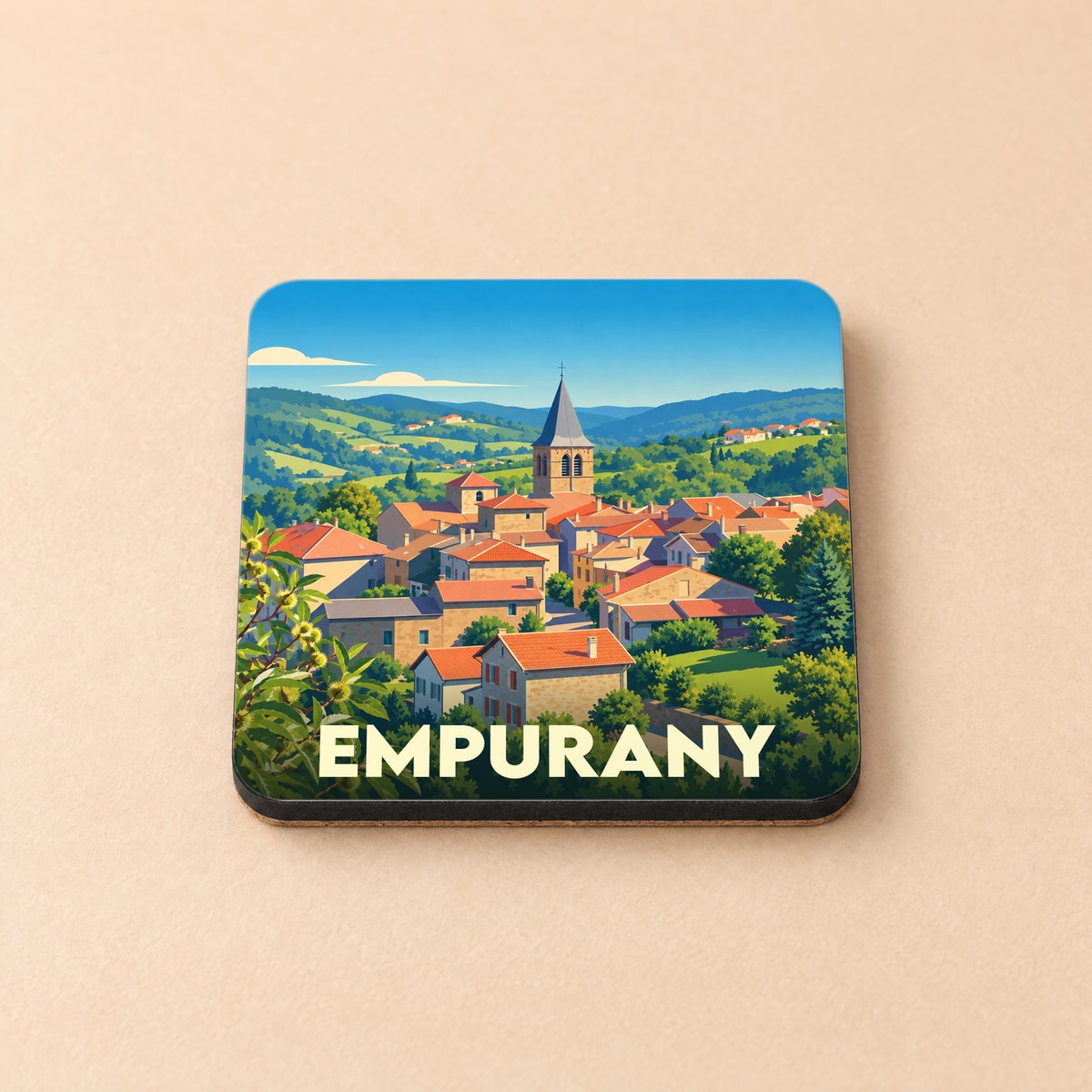 Dessous de verre souvenir de la ville d'Empurany avec une illustration stylisée d'un village pittoresque.