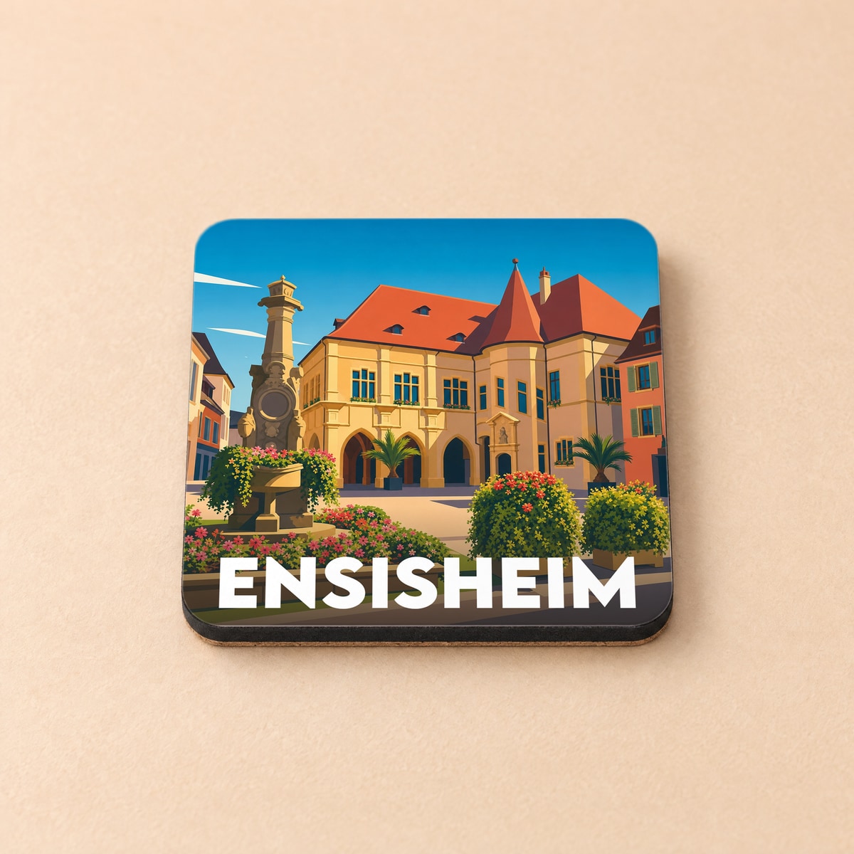 Dessous de verre souvenir de la ville d'Ensisheim avec une illustration colorée et stylisée de sa place historique.