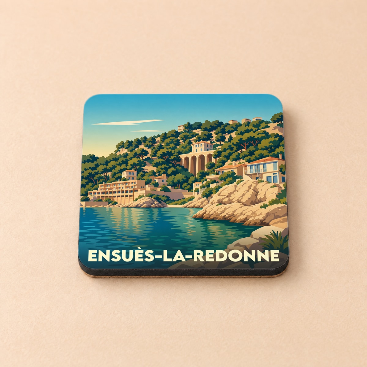 Dessous de verre souvenir de la ville de Ensuès-la-Redonne avec une illustration stylisée de son littoral escarpé.
