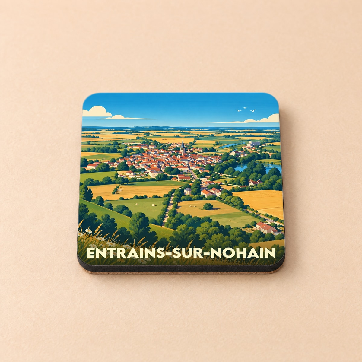 Dessous de verre souvenir de la ville d'Entrains-sur-Nohain avec une illustration stylisée de son paysage rural.