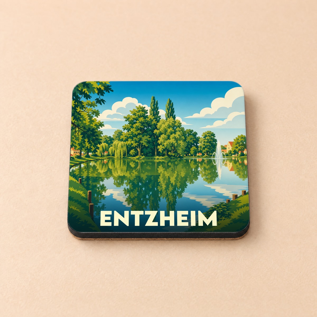 Dessous de verre souvenir de la ville d'Entzheim avec une illustration stylisée d'un parc boisé au bord de l'eau.