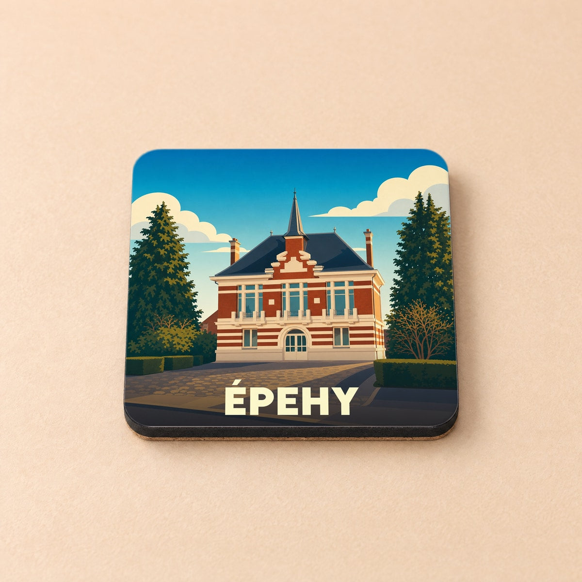 Dessous de verre souvenir de la ville d'Épehy avec une illustration stylisée de sa mairie.