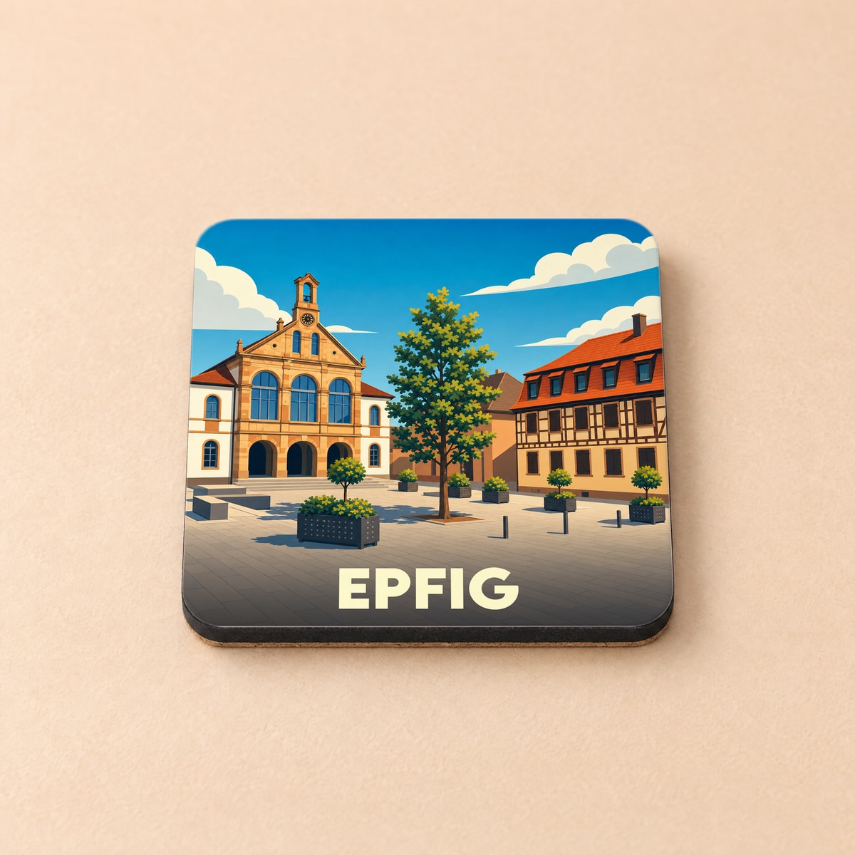 Dessous de verre souvenir de la ville de Epfig avec une illustration stylisée de sa place centrale.