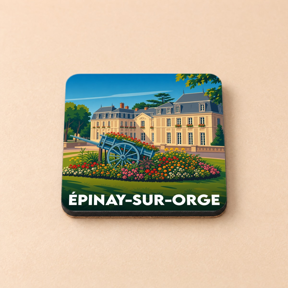 Dessous de verre souvenir de la ville d'Épinay-sur-Orge avec une illustration stylisée de son château.