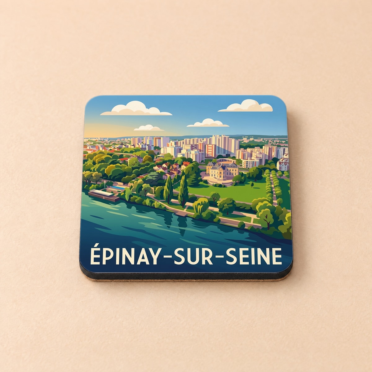 Dessous de verre souvenir de la ville d'Épinay-sur-Seine avec une illustration stylisée des bords de Seine.