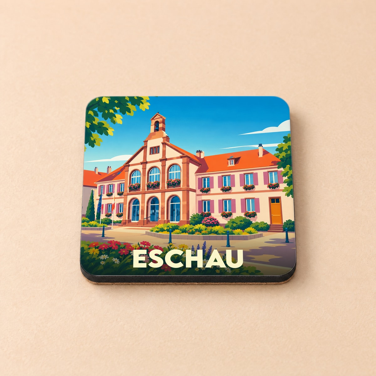 Dessous de verre souvenir de la ville d'Eschau avec une illustration stylisée de son hôtel de ville fleuri.