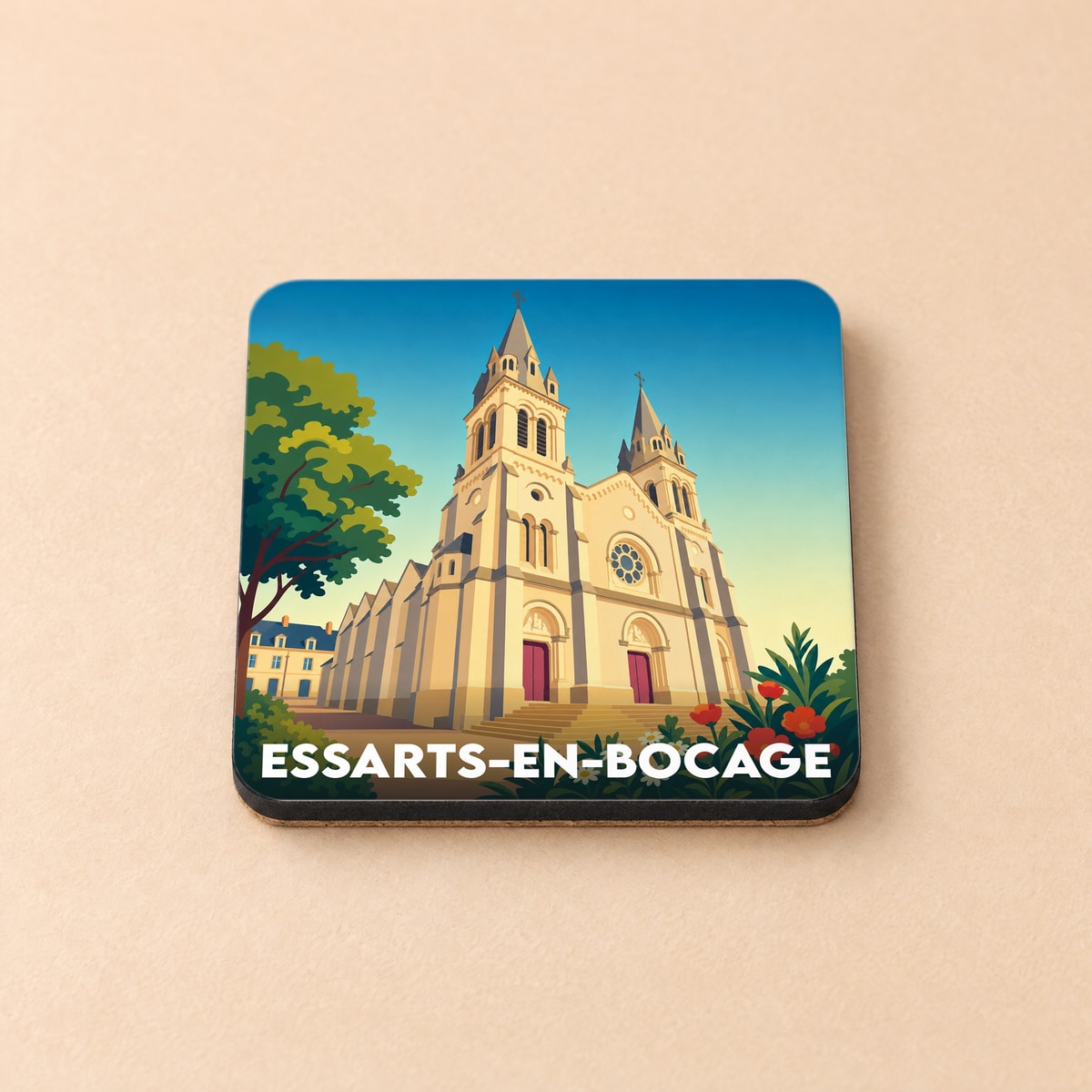Dessous de verre souvenir de la ville de Essarts-en-Bocage avec une illustration stylisée de son église.
