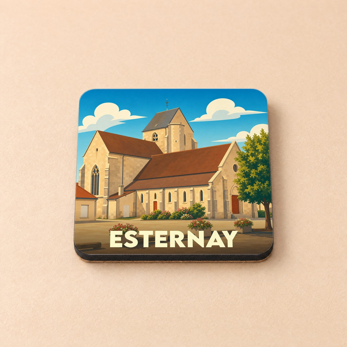 Dessous de verre souvenir de la ville d'Esternay avec une illustration stylisée de son église.