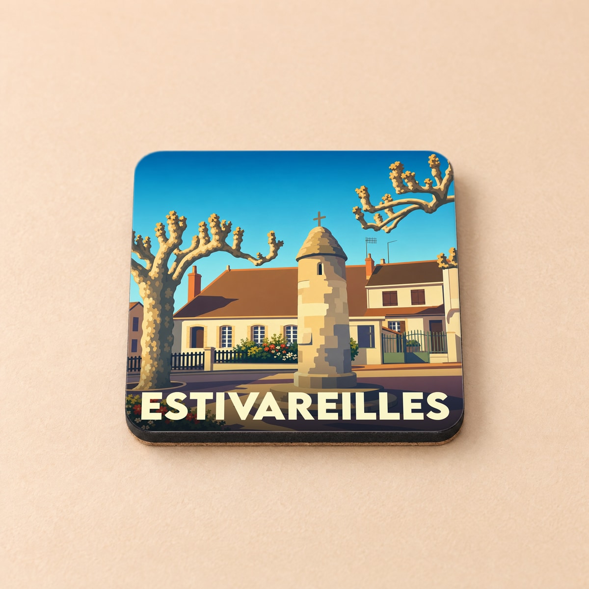 Dessous de verre souvenir de la ville de Estivareilles avec une illustration stylisée.