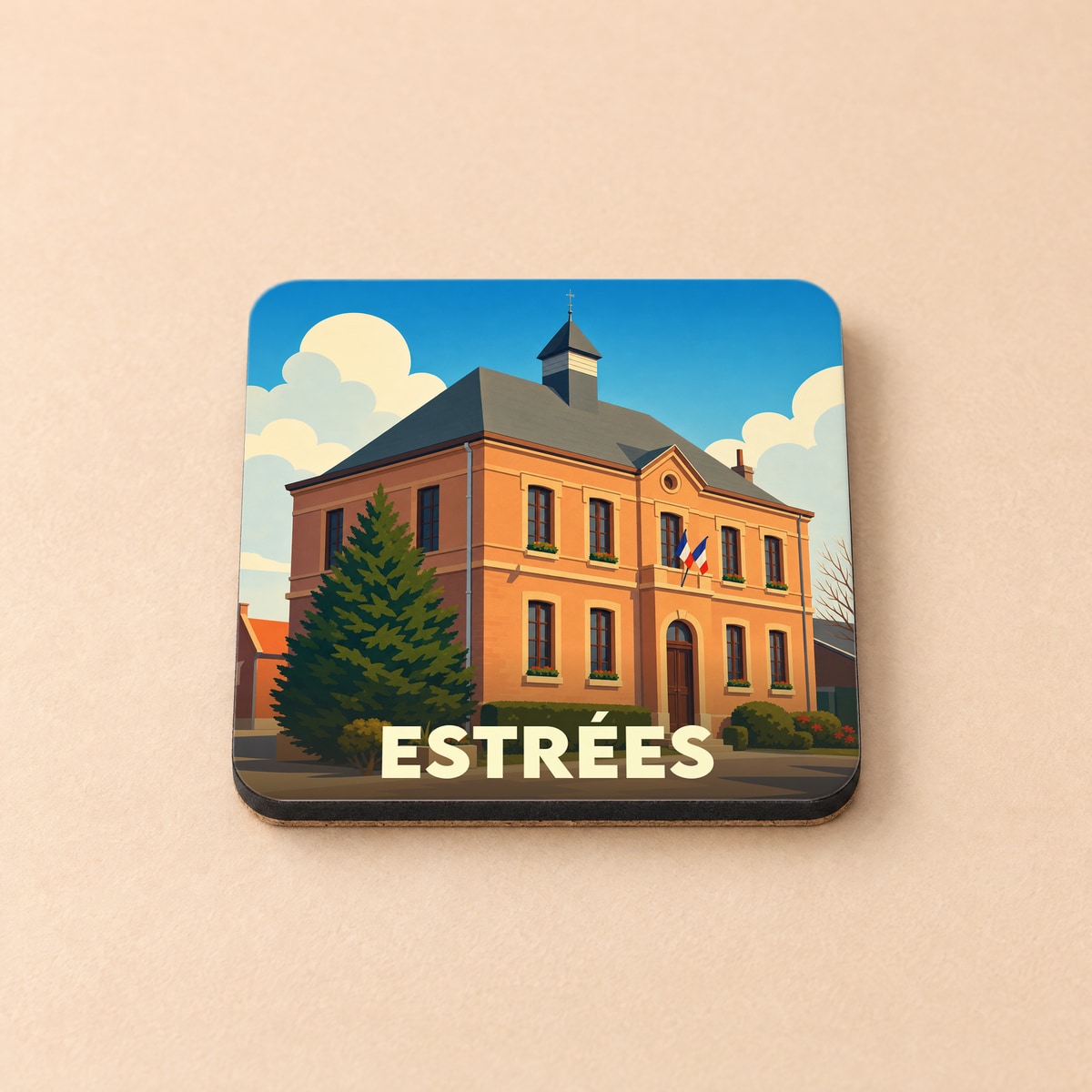 Dessous de verre souvenir de la ville d'Estrées avec une illustration stylisée de sa mairie.