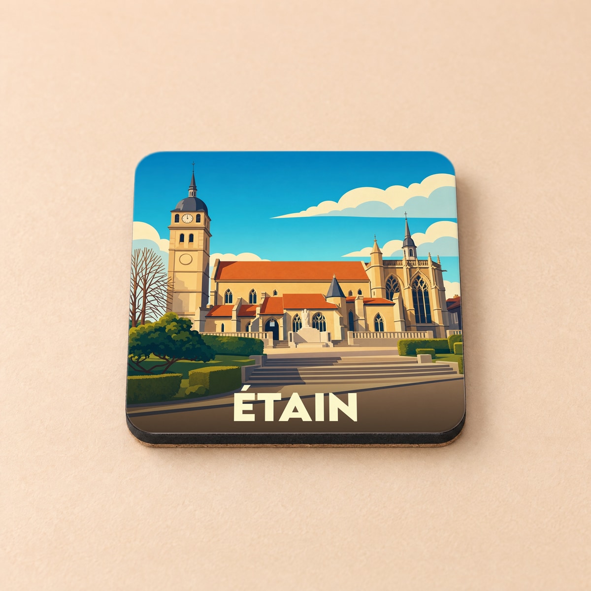 Dessous de verre souvenir de la ville d'Étain avec une illustration stylisée de son église.