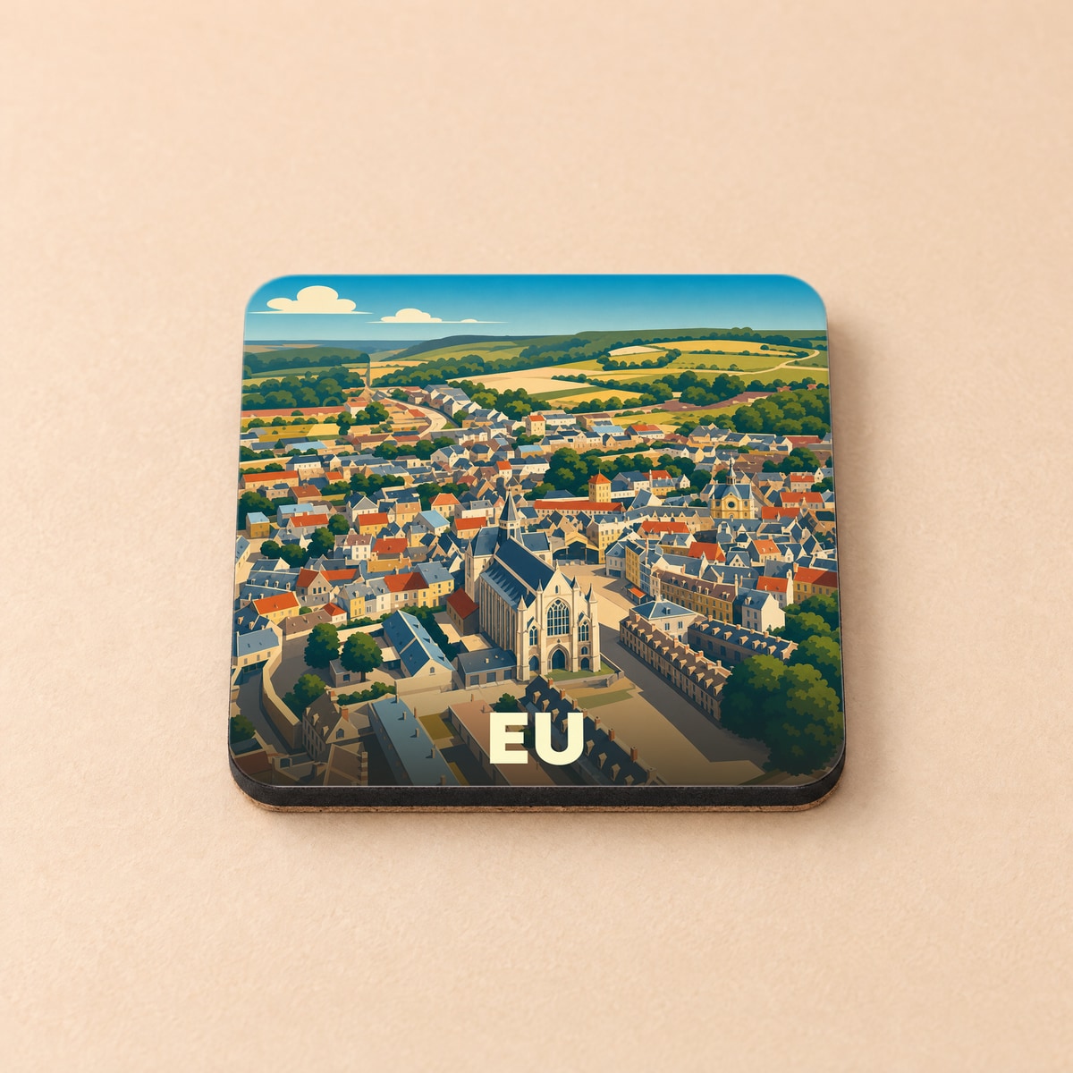 Dessous de verre souvenir de la ville de Eu avec une illustration stylisée.