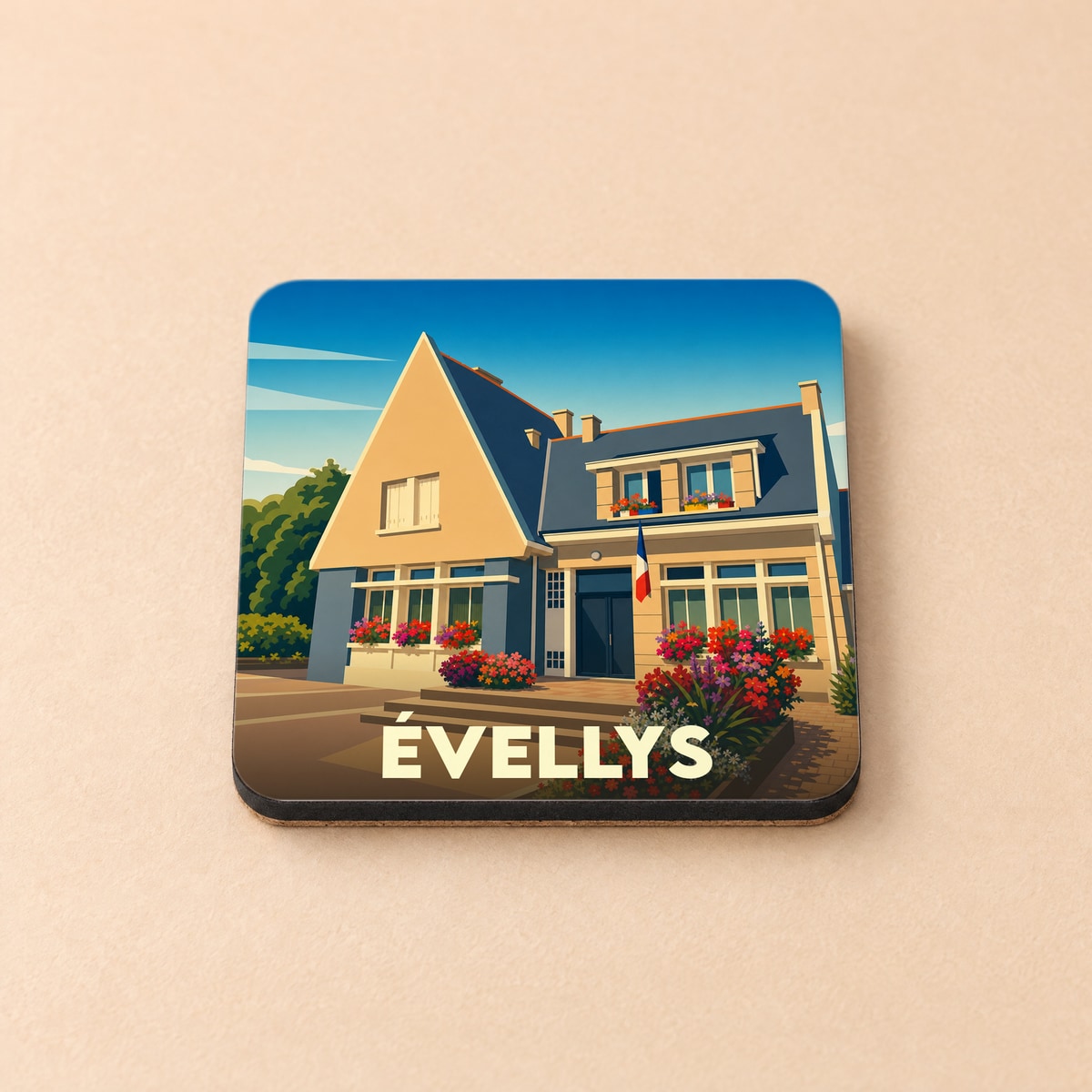 Dessous de verre souvenir de la ville de Évellys avec une illustration stylisée d'une maison fleurie.