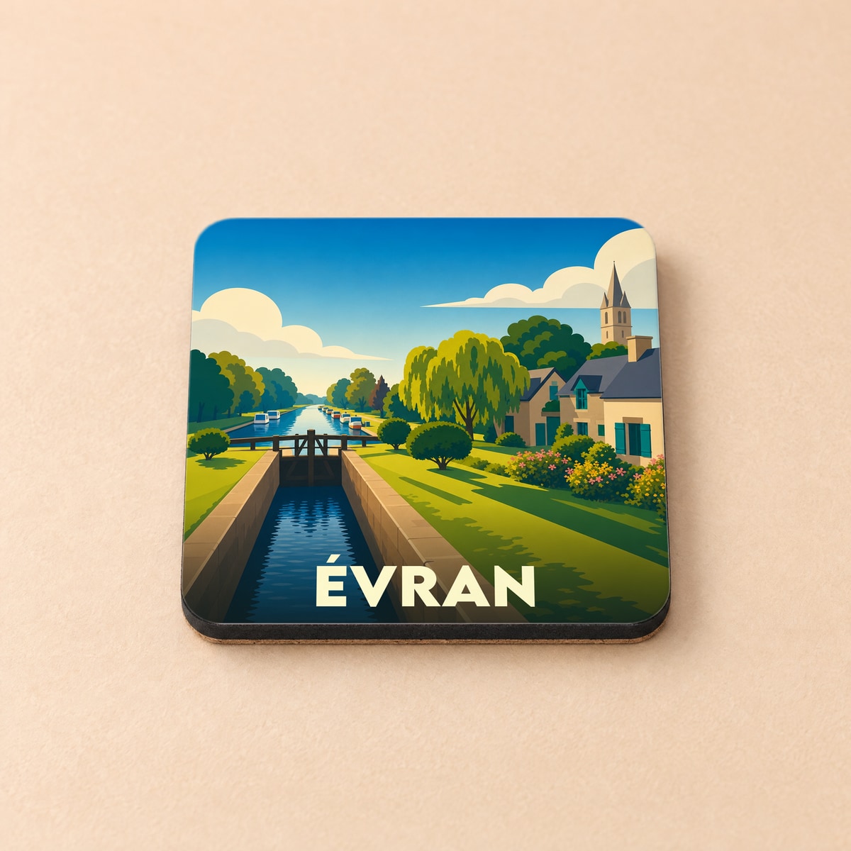 Dessous de verre souvenir de la ville de Évran avec une illustration stylisée d'un canal et de son écluse.