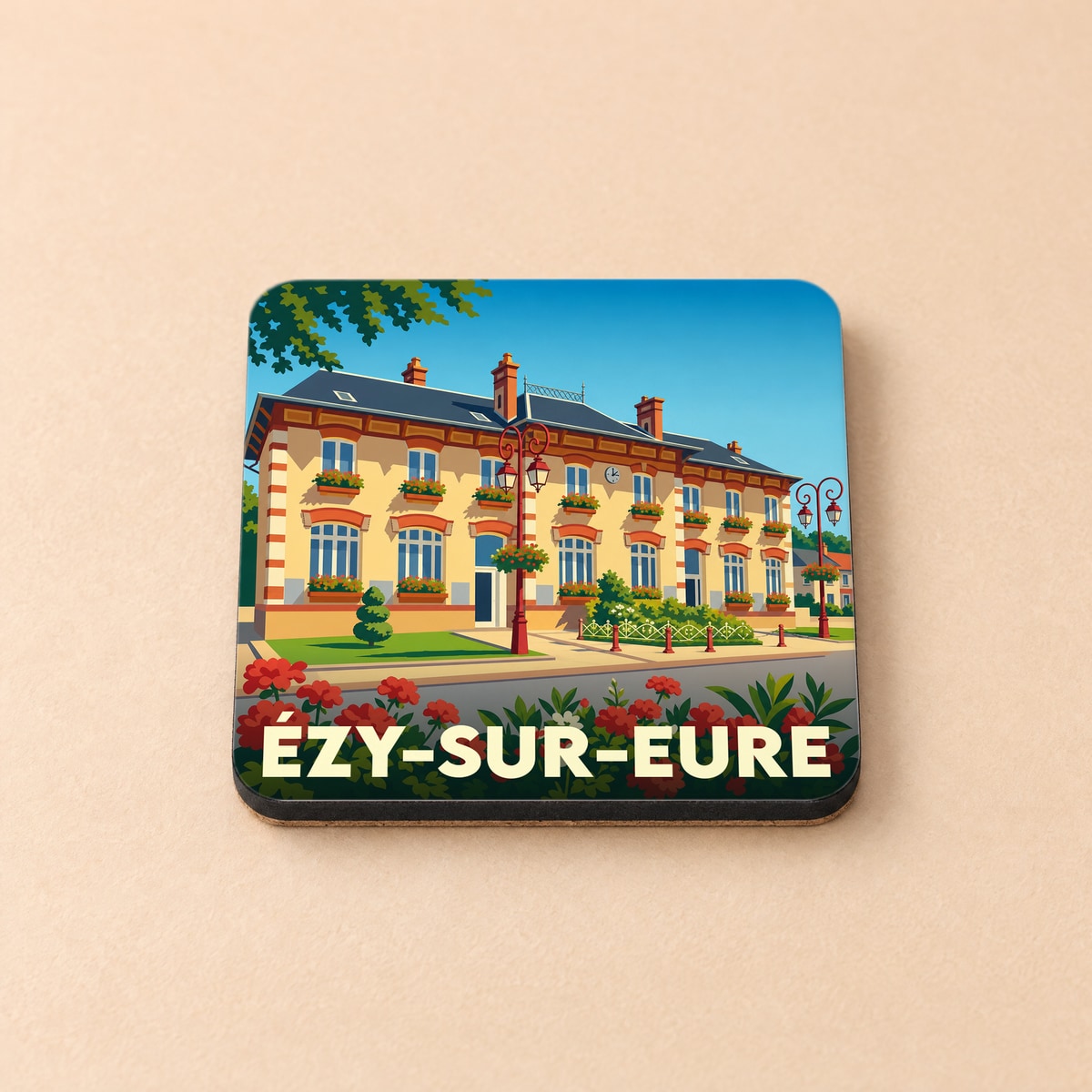 Dessous de verre souvenir de la ville d'Ézy-sur-Eure avec une illustration stylisée de la mairie.