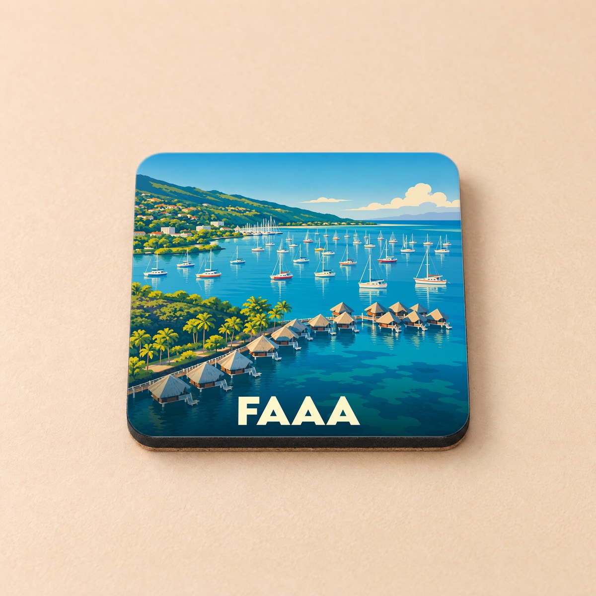 Dessous de verre souvenir de la ville de Faaa avec une illustration stylisée d'un lagon et de bungalows sur pilotis.