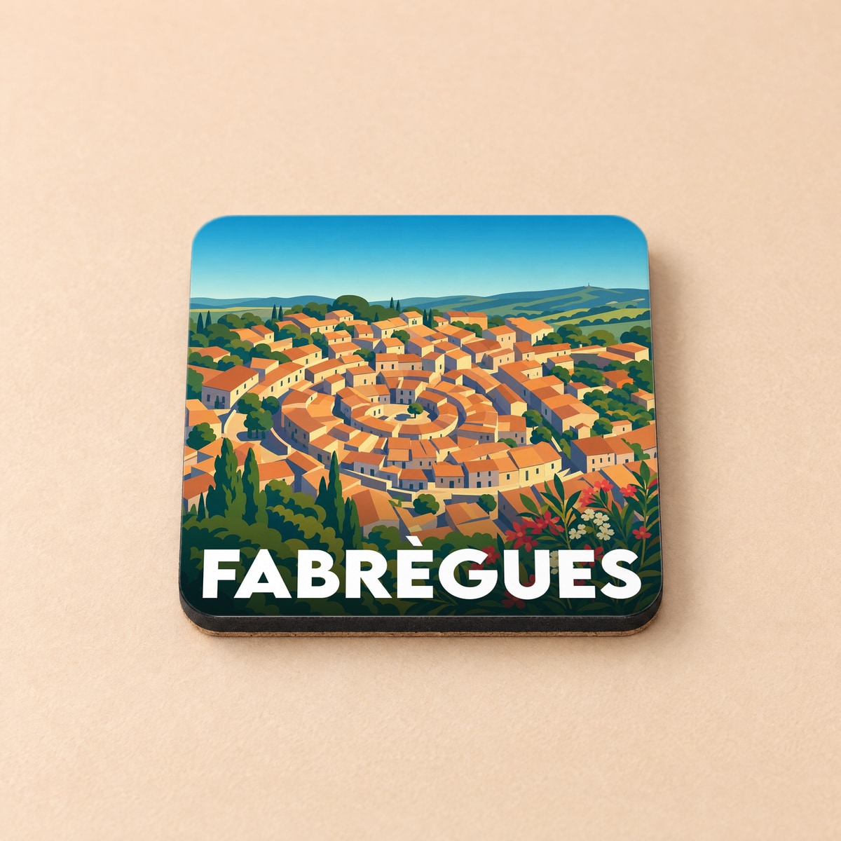 Dessous de verre souvenir de la ville de Fabrègues avec une illustration stylisée.