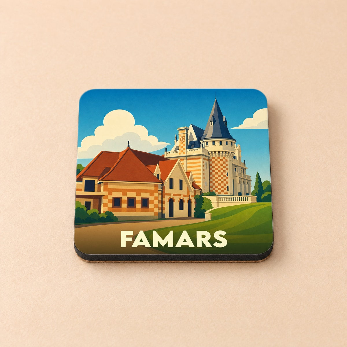 Dessous de verre souvenir de la ville de Famars avec une illustration stylisée de son château.