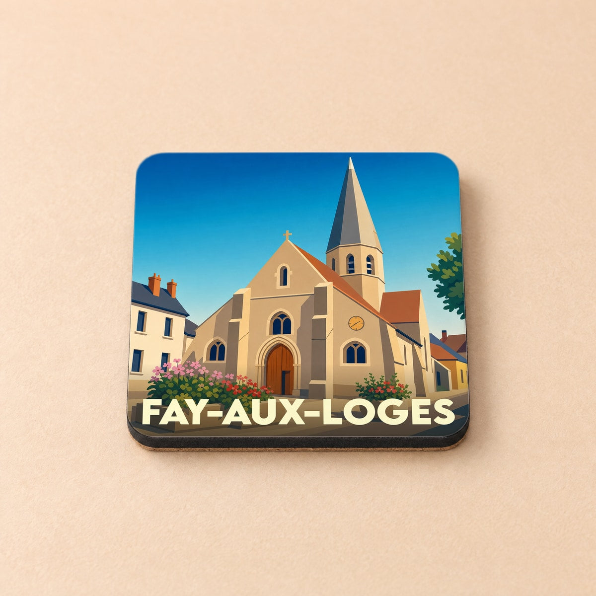 Dessous de verre souvenir de la ville de Fay-aux-Loges avec une illustration stylisée de son église.