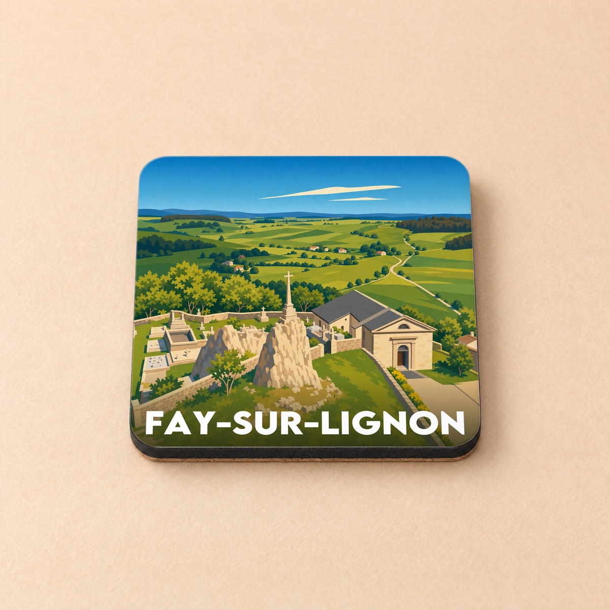 Dessous de verre souvenir de la ville de Fay-sur-Lignon avec une illustration stylisée d'un paysage de campagne.