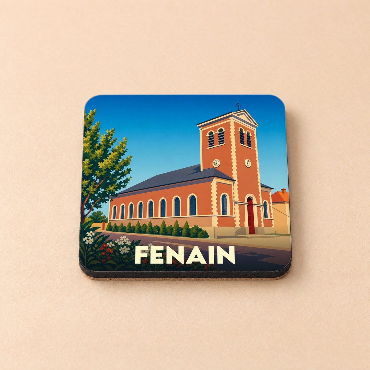 Dessous de verre souvenir de la ville de Fenain avec une illustration stylisée de son église.