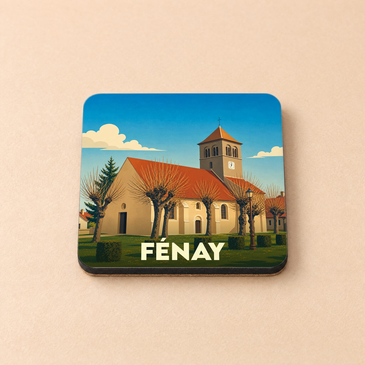 Dessous de verre souvenir de la ville de Fénay avec une illustration stylisée de son église.