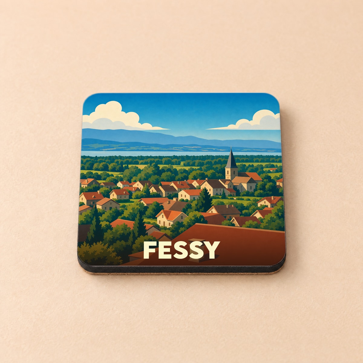Dessous de verre souvenir de la ville de Fessy avec une illustration stylisée d'un village et d'un paysage de montagne.