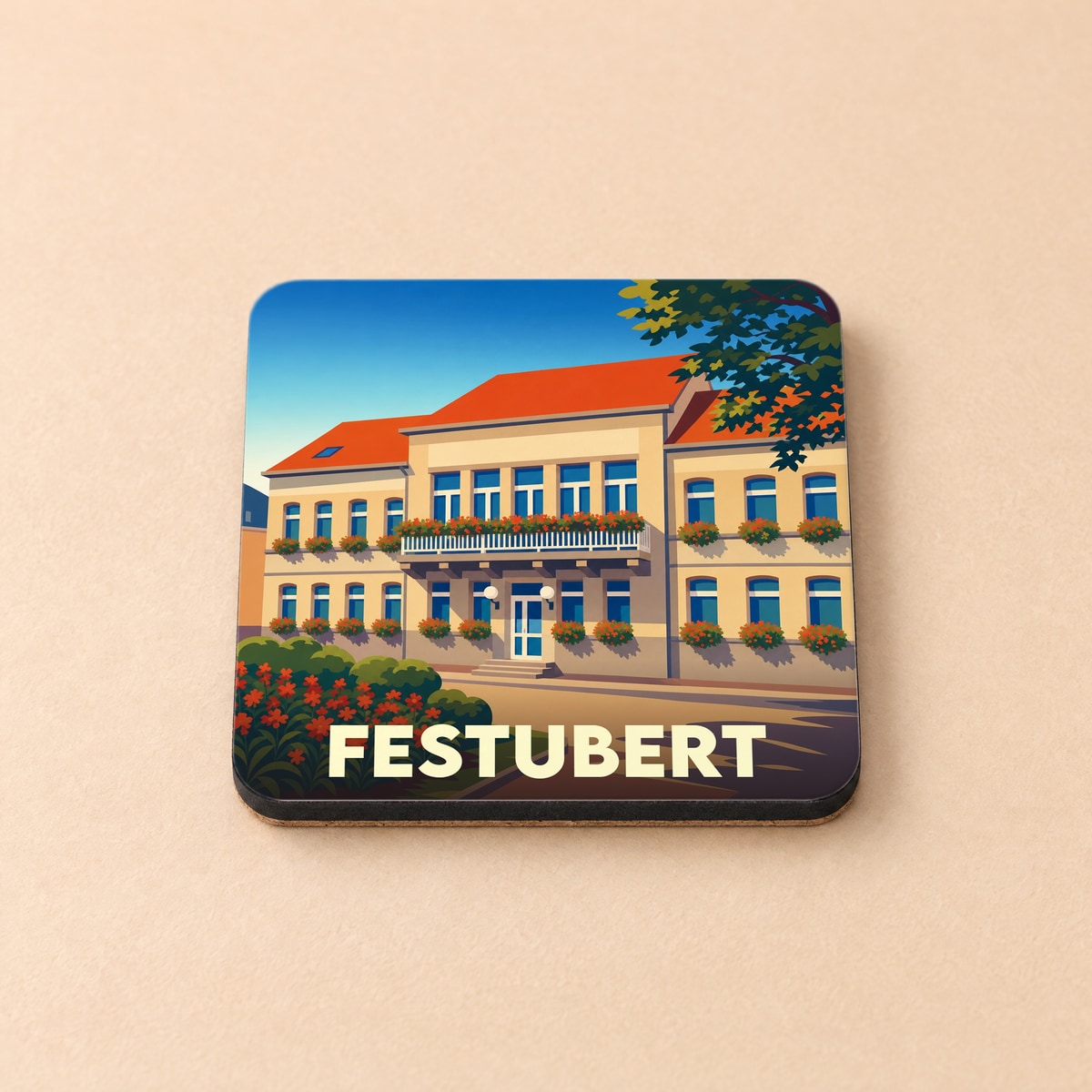 Dessous de verre souvenir de la ville de Festubert avec une illustration stylisée d'un bâtiment fleuri.