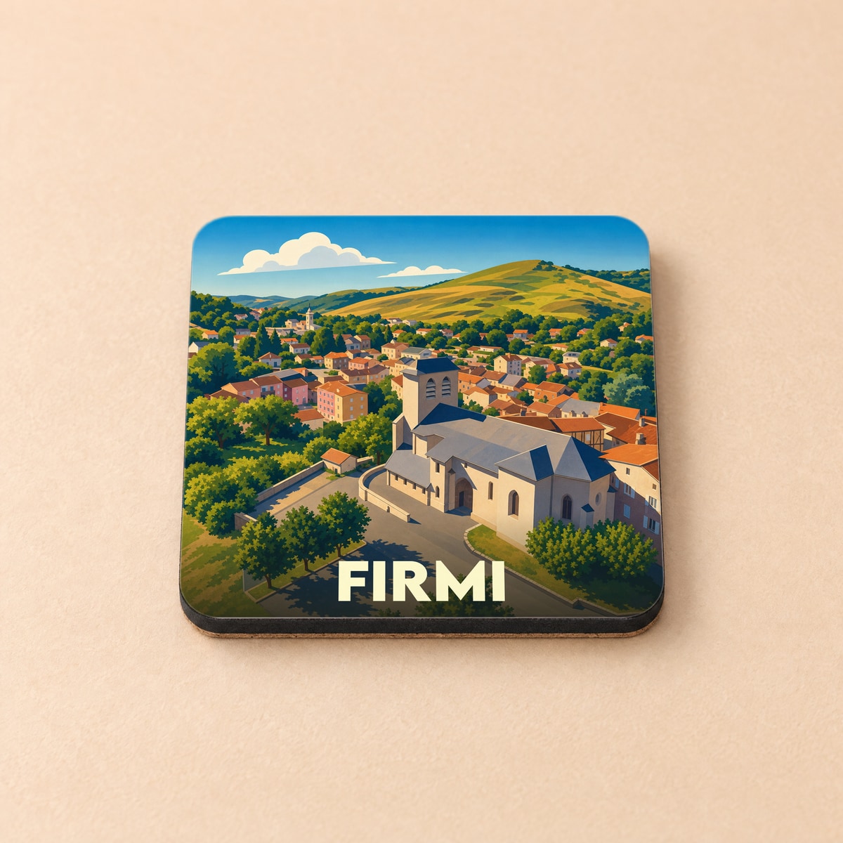 Dessous de verre souvenir de la ville de Firmi avec une illustration stylisée d'un paysage urbain et de son église.