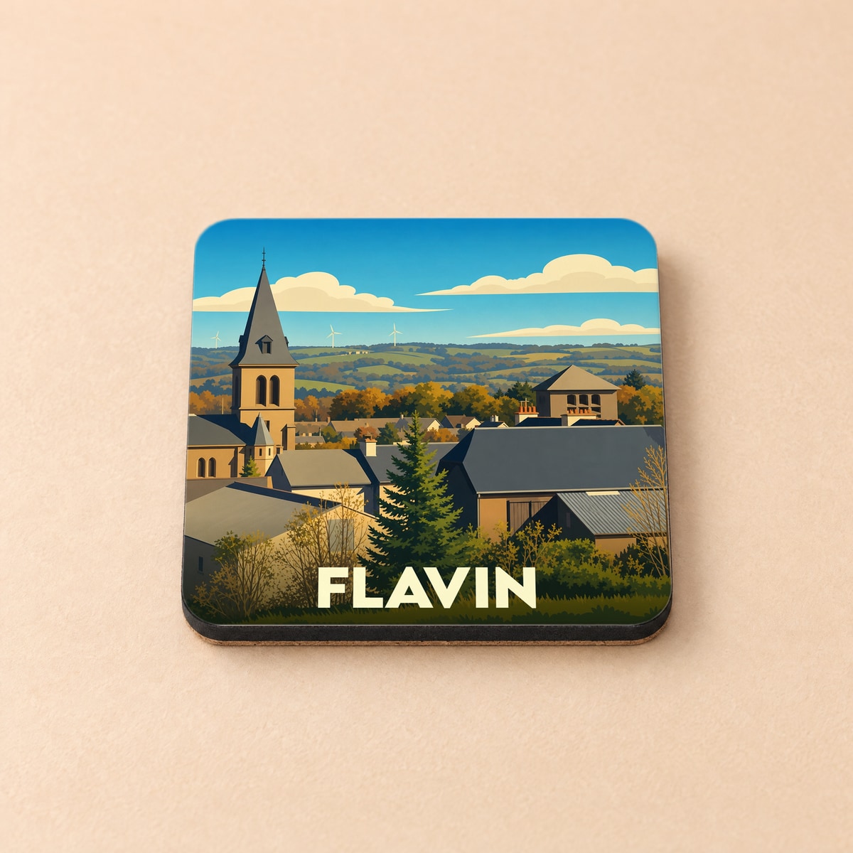 Dessous de verre souvenir de la ville de Flavin avec une illustration stylisée d'un paysage urbain et rural.