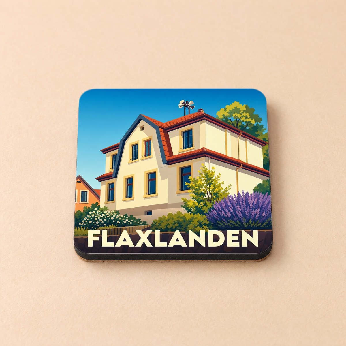 Dessous de verre souvenir de la ville de Flaxlanden avec une illustration stylisée d'une maison traditionnelle.