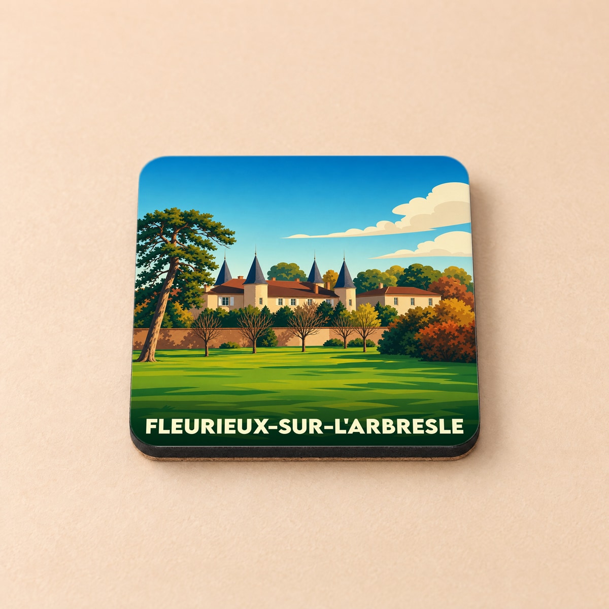 Dessous de verre souvenir de Fleurieux-sur-l'Arbresle représentant son château dans un style illustration rétro.
