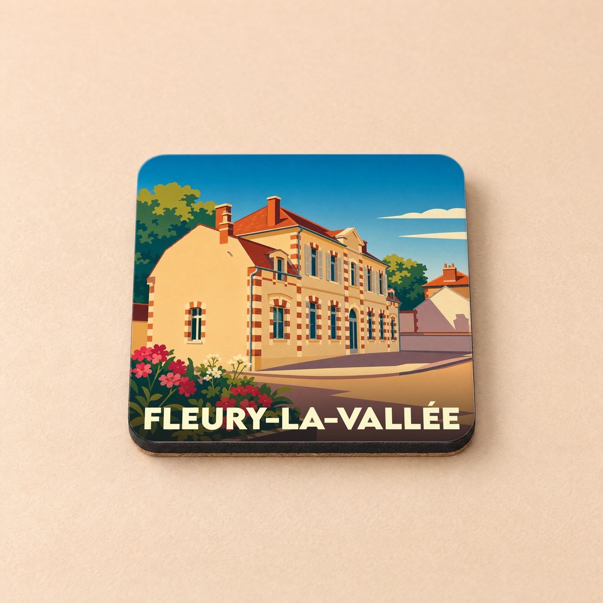 Dessous de verre souvenir de la ville de Fleury-la-Vallée avec une illustration stylisée.