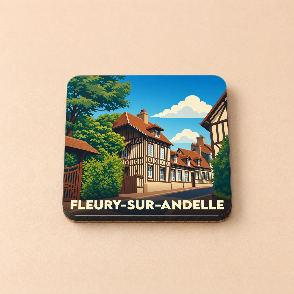Dessous de verre souvenir de la ville de Fleury-sur-Andelle avec une illustration stylisée de maisons à colombages.