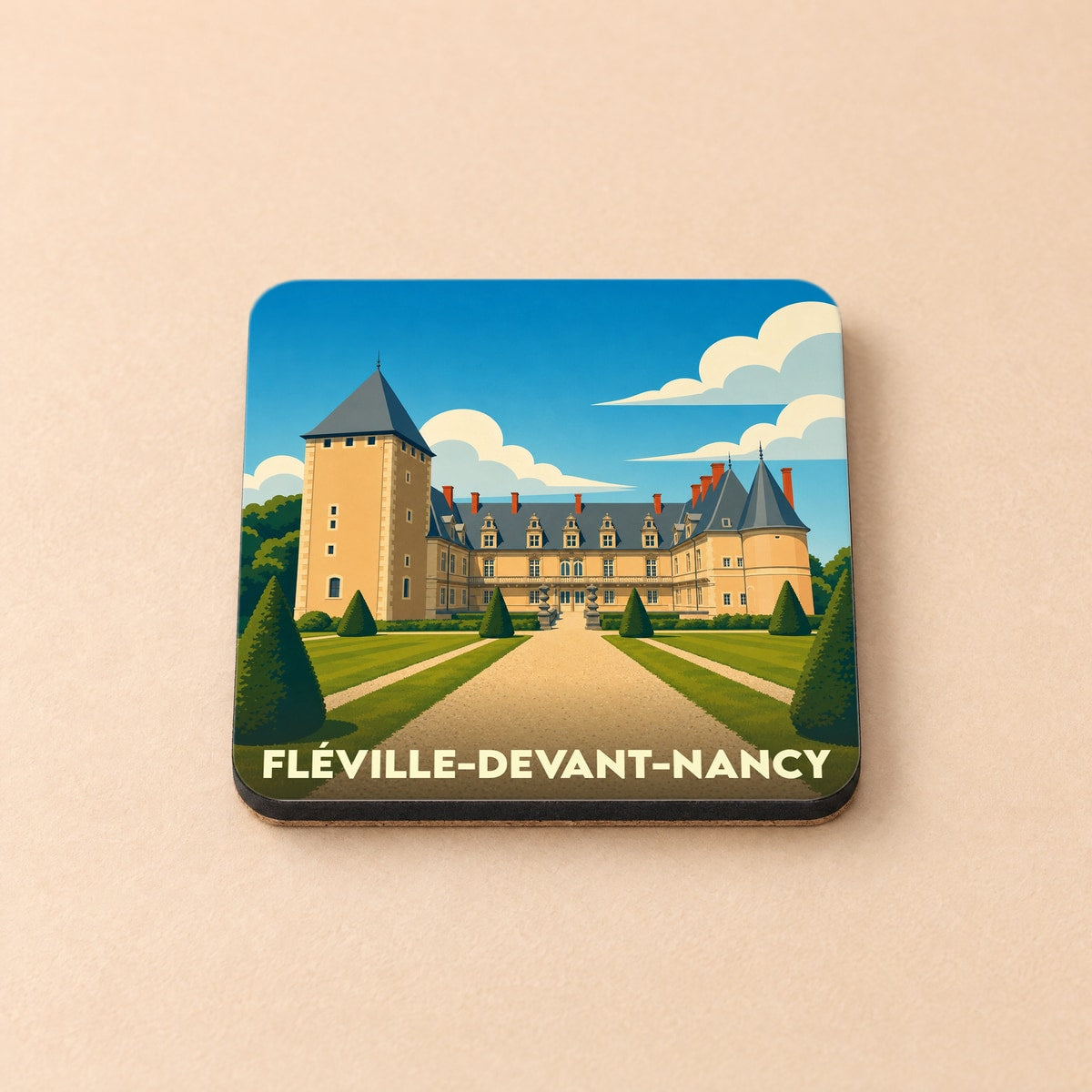Dessous de verre souvenir de la ville de Fléville-devant-Nancy avec une illustration stylisée de son château.