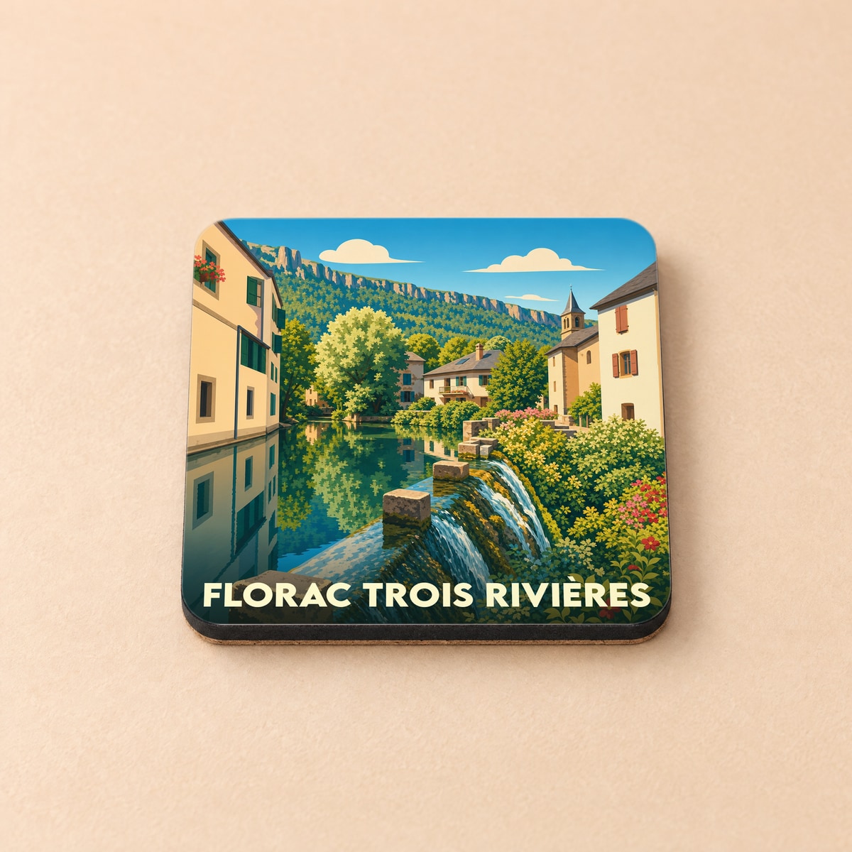 Dessous de verre souvenir de la ville de Florac Trois Rivières avec une illustration stylisée d'un paysage fluvial.